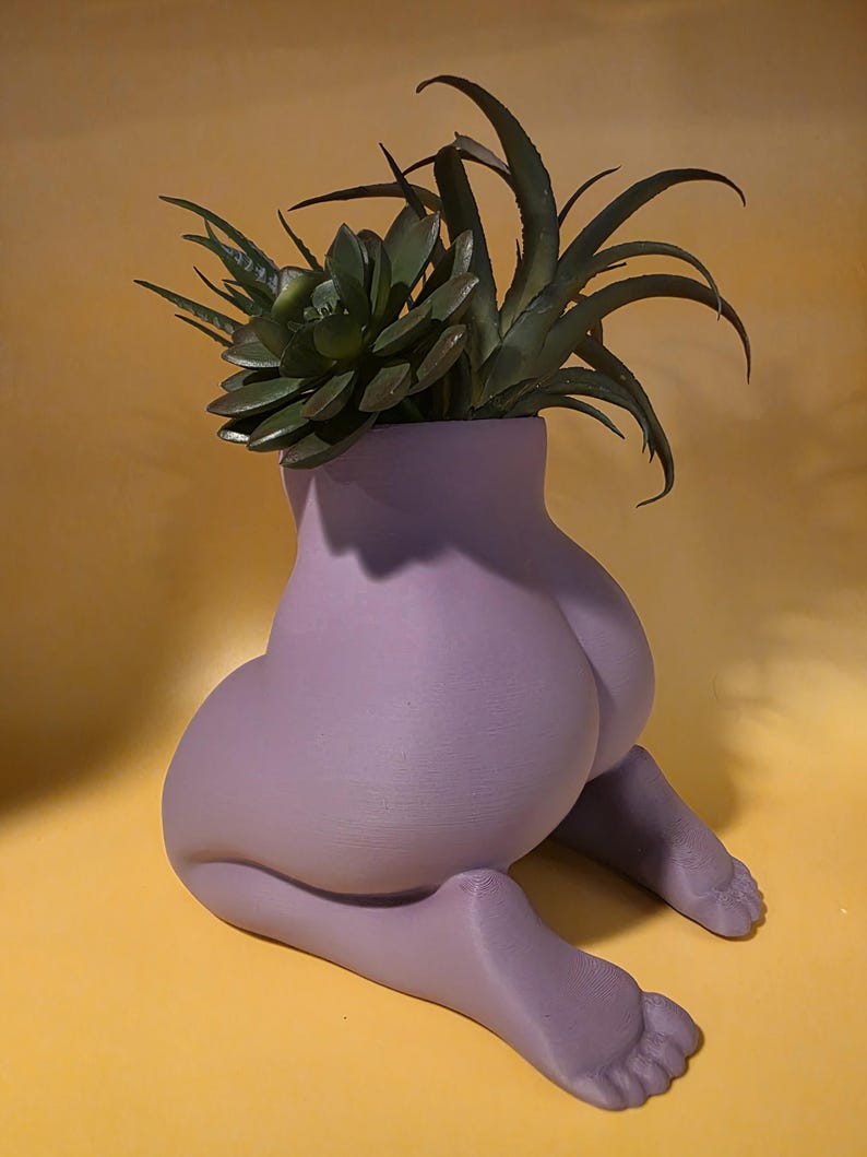 Lavender Mrs. Gray planter with succulents, rear side view