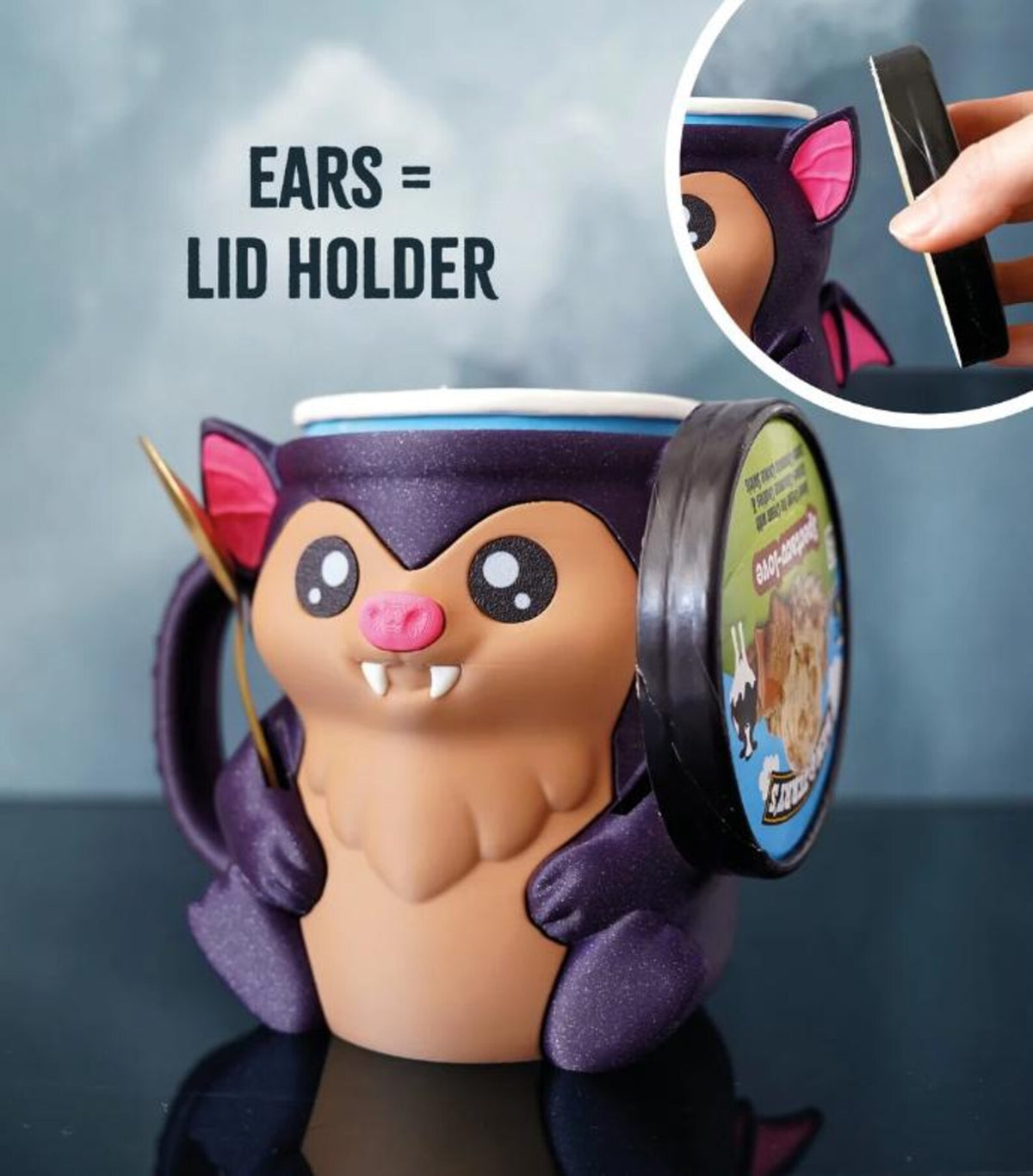 Bramble the Bat holder storing the pint lid in its ears