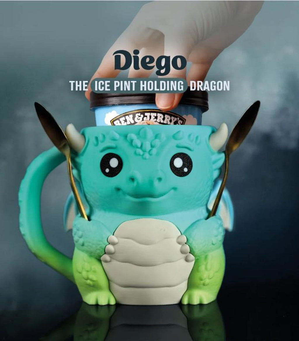 Teal-to-green Diego the Dragon ice cream pint holder with a pint and two spoons