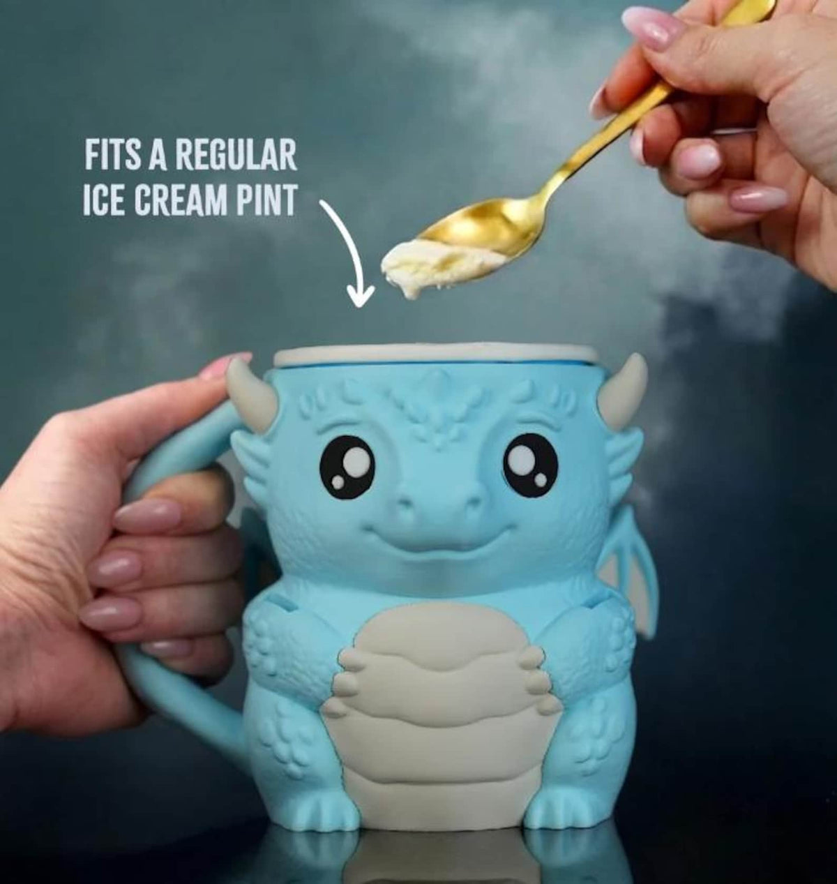 Light blue Diego the Dragon holder filled with ice cream and a spoon