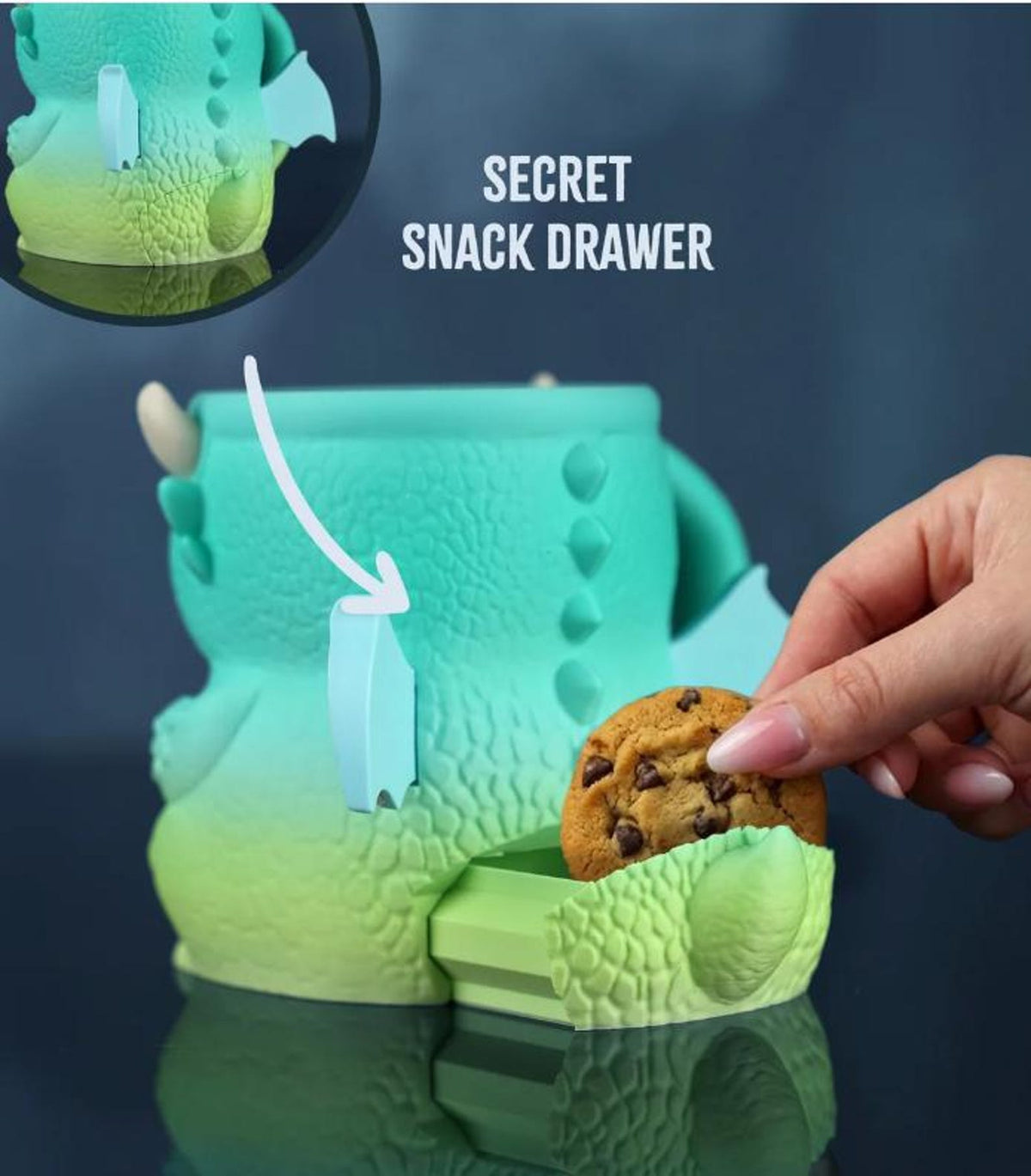 Back of Diego the Dragon holder with the secret snack drawer open
