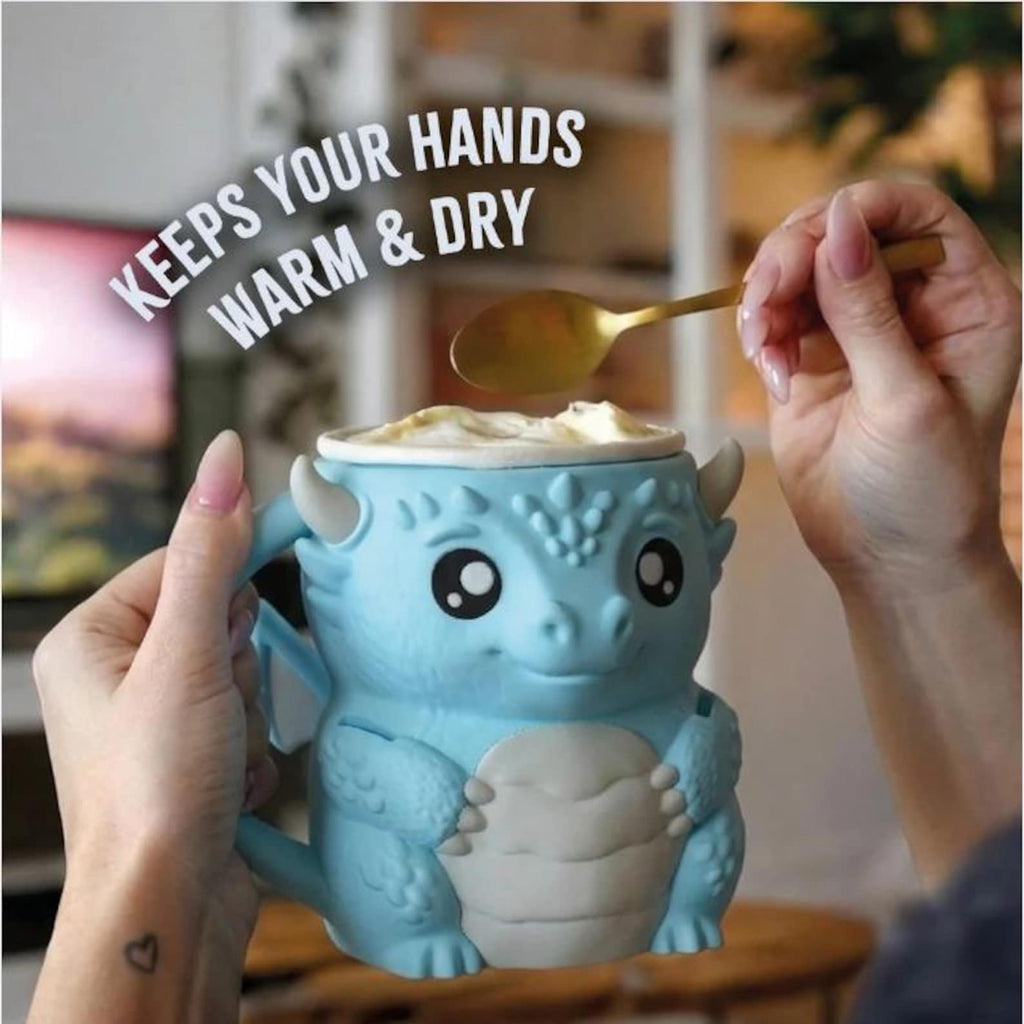Hands holding a light blue Diego the Dragon pint holder with a spoon