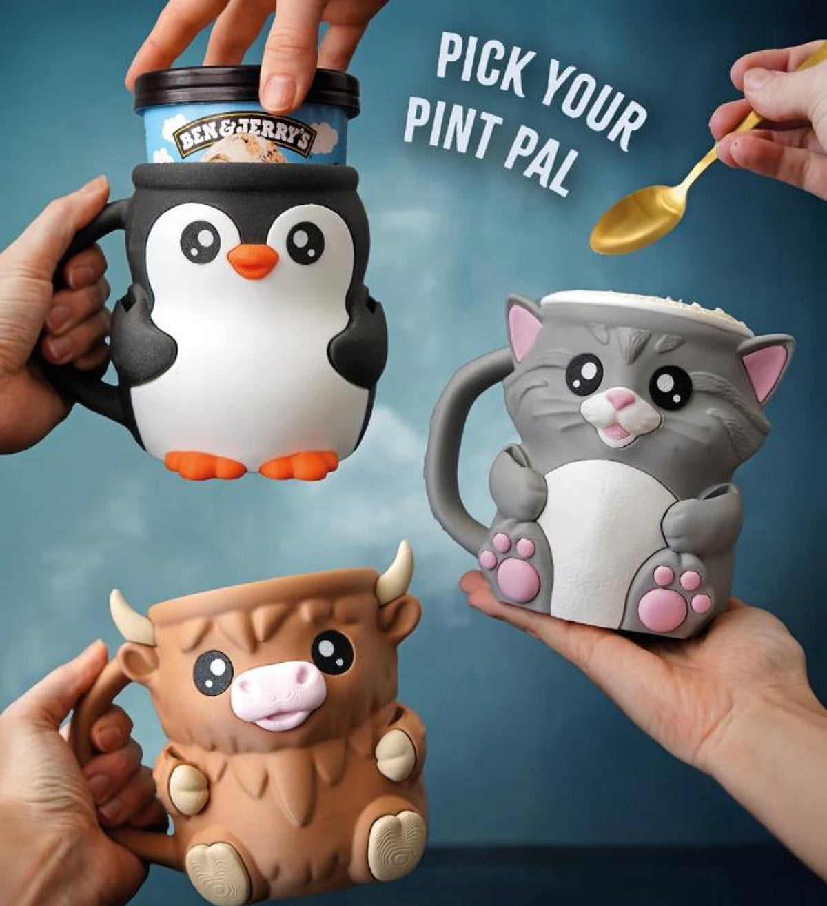Penguin, cat and Highland cow Pint Pals held up together