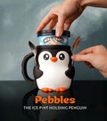 Black and white Pebbles the Penguin pint holder with a pint being placed inside