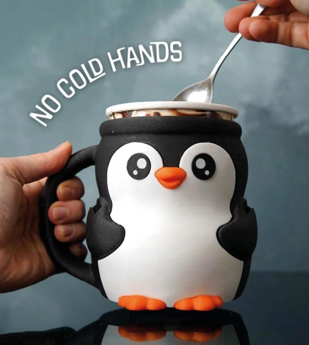 Pebbles the Penguin holder with ice cream and a spoon, handle side