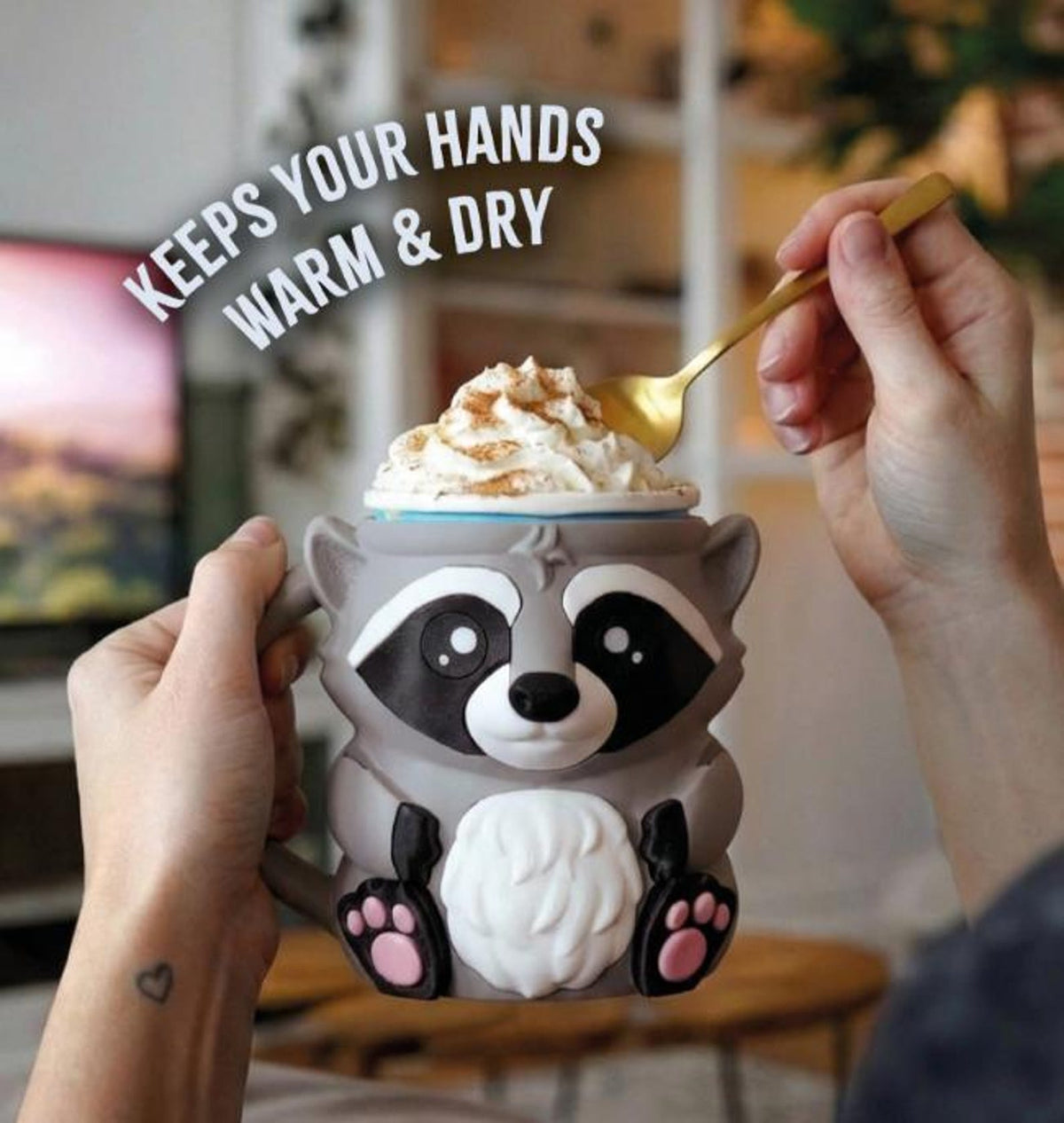 Hands holding Rocky the Raccoon holder with whipped ice cream