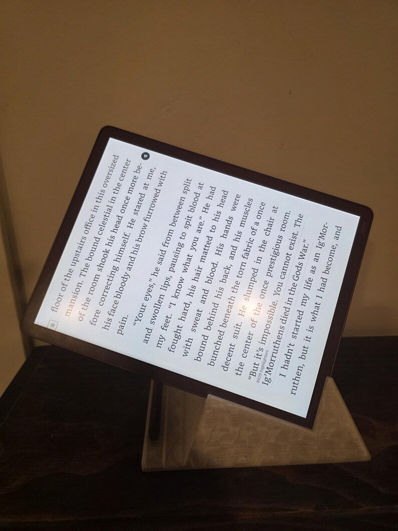 Tablet at a reclined landscape angle on ReadRest, side view