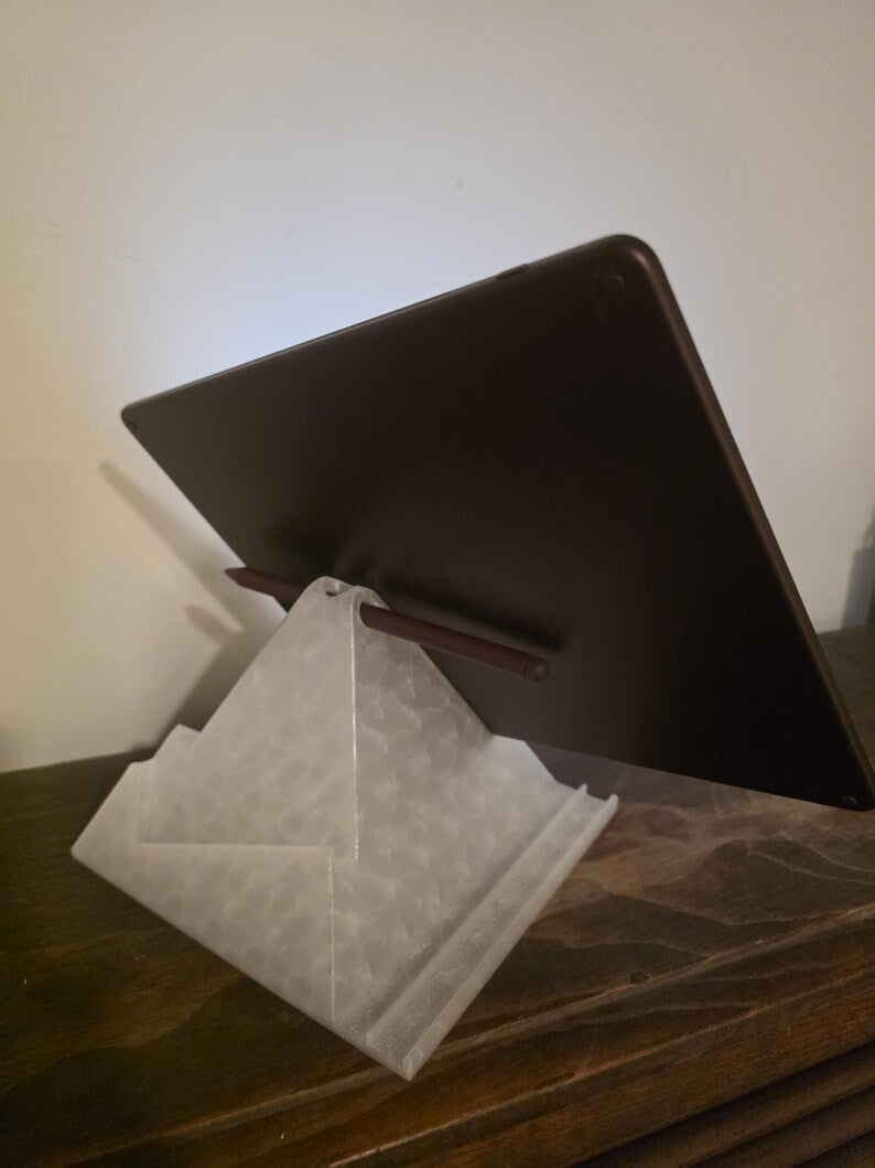 Rear view of a tablet resting on a ReadRest stand