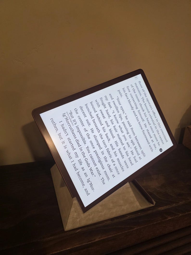 Tablet in landscape tilted on a ReadRest stand, front view