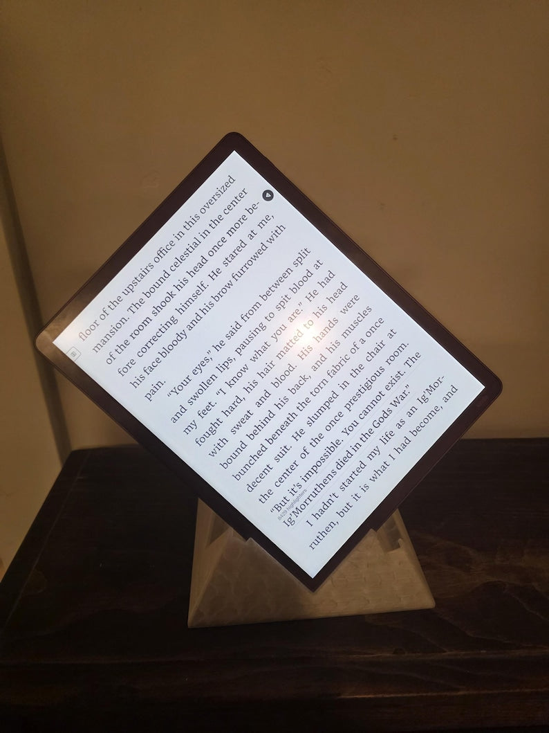 Tablet balanced diagonally on a ReadRest stand, alternate angle