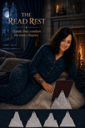 Woman reading a tablet on a ReadRest stand, with four stand angles shown below