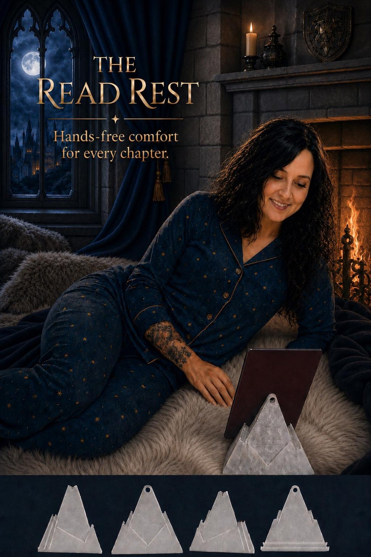 Woman reading a tablet on a ReadRest stand, with four stand angles shown below