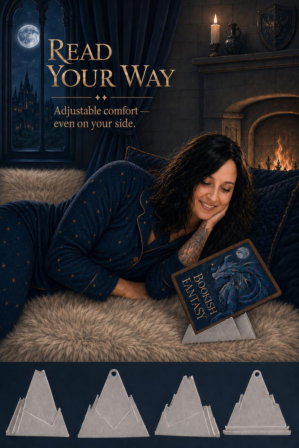 Woman reading on a tablet in a ReadRest stand, Read Your Way banner