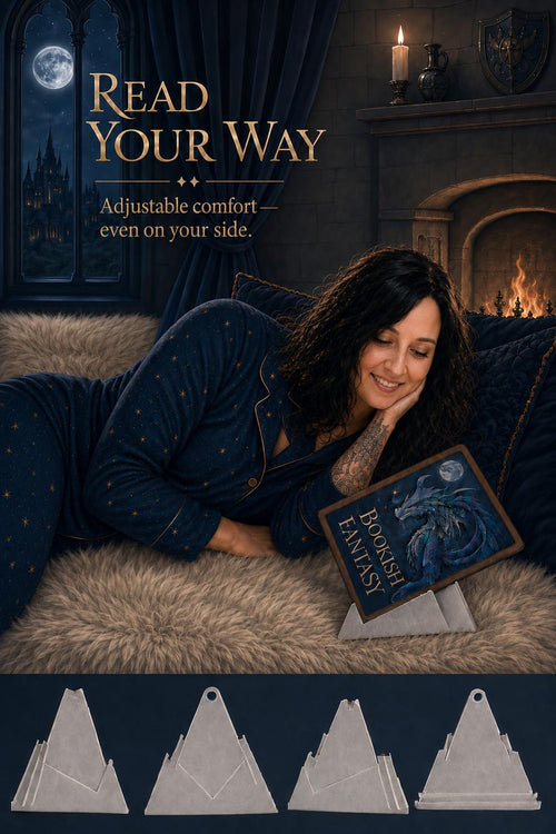 Woman reading on a tablet in a ReadRest stand, Read Your Way banner