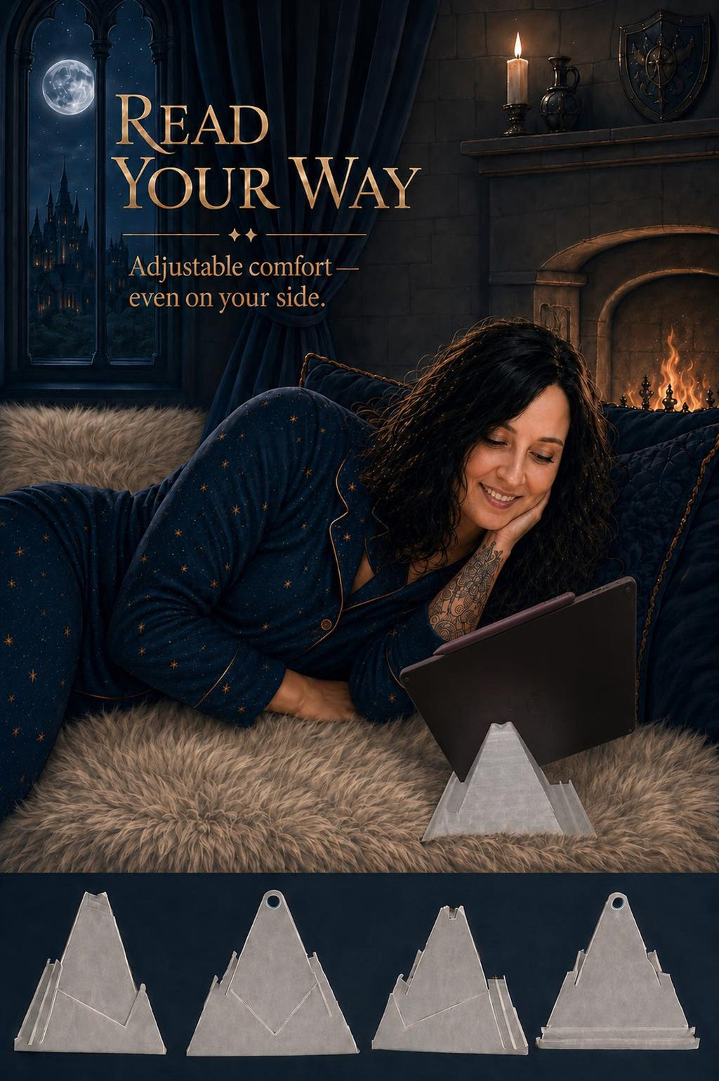 Woman lying on her side using a ReadRest stand, Read Your Way banner variant