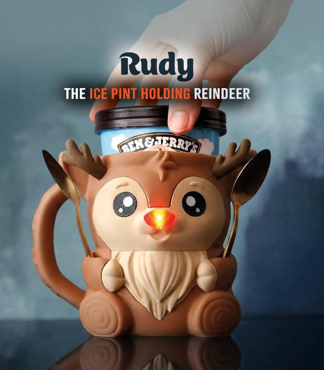 Rudy the Reindeer pint holder with a pint and two spoons (light-up nose shown is not included)