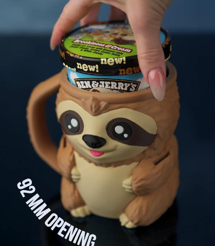 Sammy the Sloth holder with a pint, showing the 92 mm opening