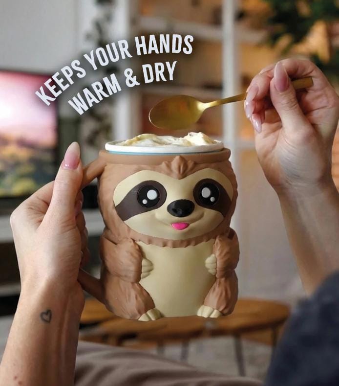 Hands holding Sammy the Sloth holder with ice cream and a spoon