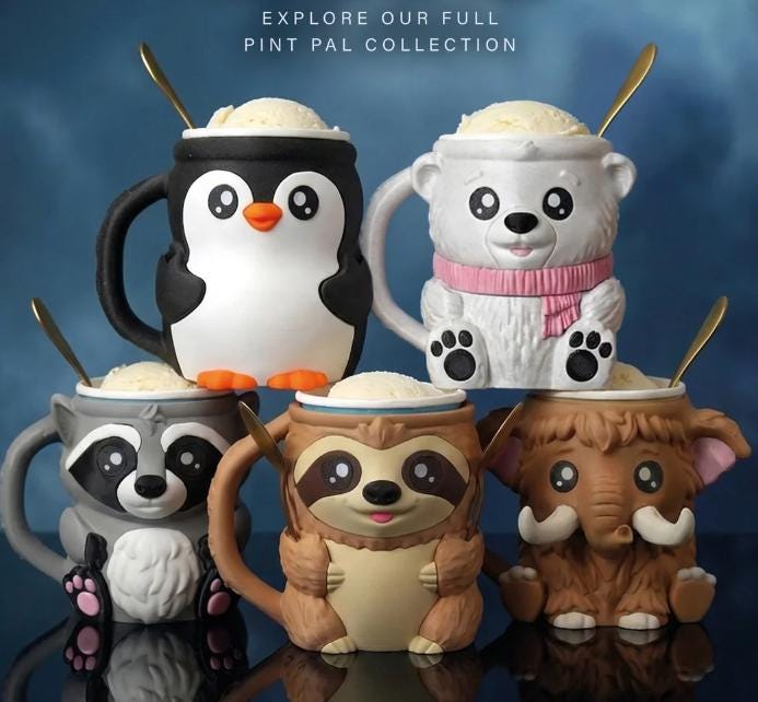 Pint Pal lineup: penguin, polar bear, raccoon, sloth and mammoth holders