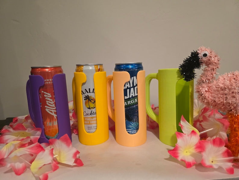 Slim cans displayed in colorful handled drink holders