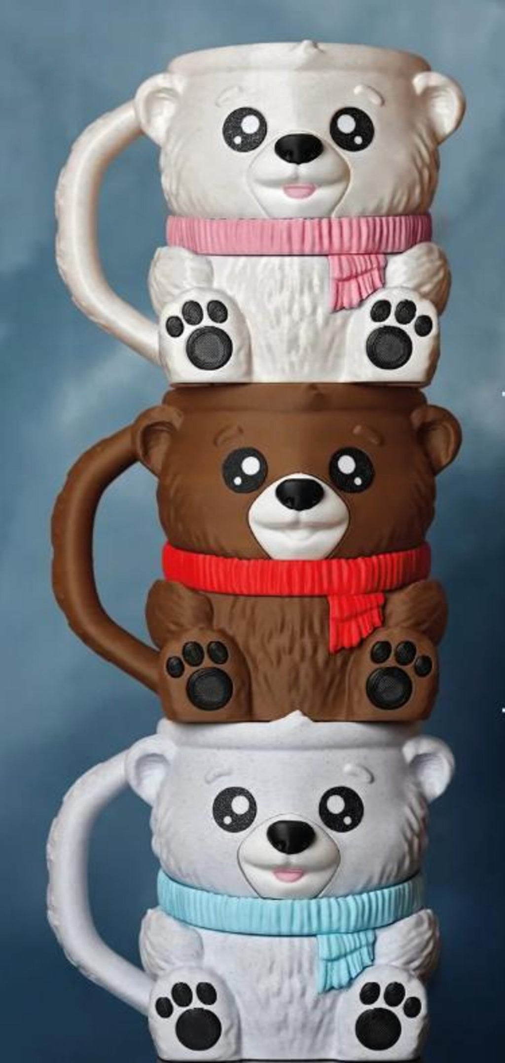 Stacked bear pint holders: white with pink scarf, brown with red scarf, gray with blue scarf