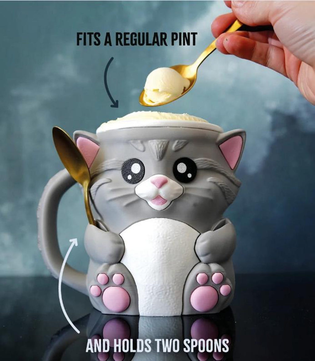 Gray Cuddles the Cat ice cream pint holder with a spoon, fits a regular pint and holds two spoons