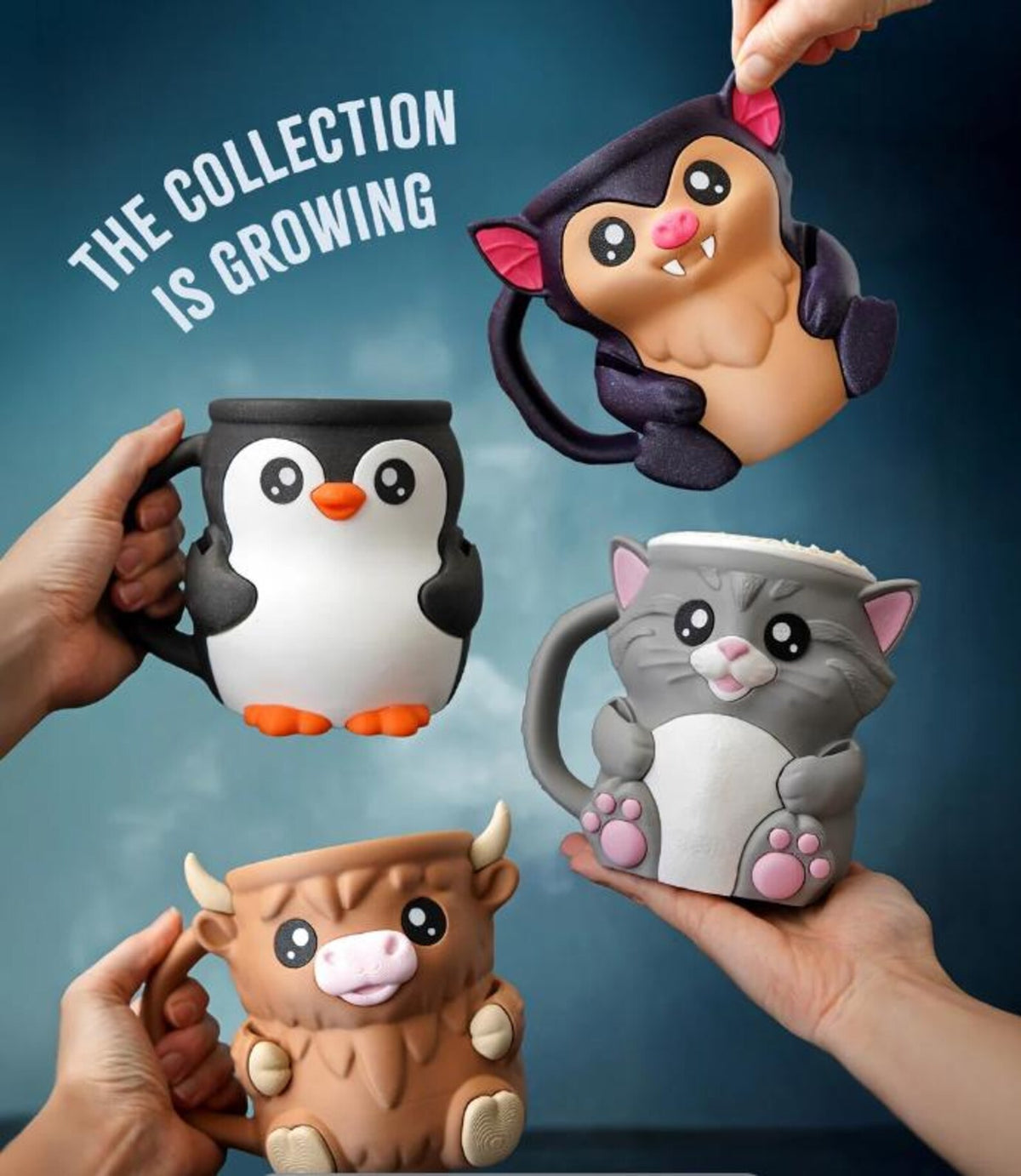 Pint Pal penguin, bat, cat and Highland cow ice cream holders held up together