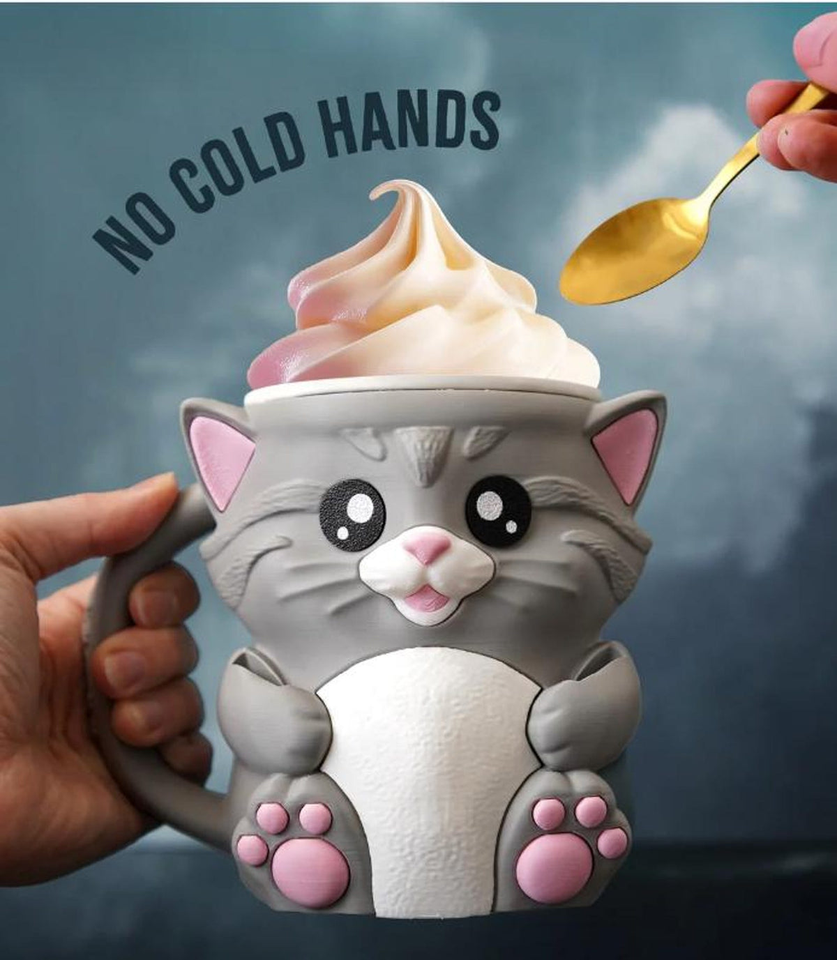 Gray cat ice cream holder topped with soft serve and a spoon
