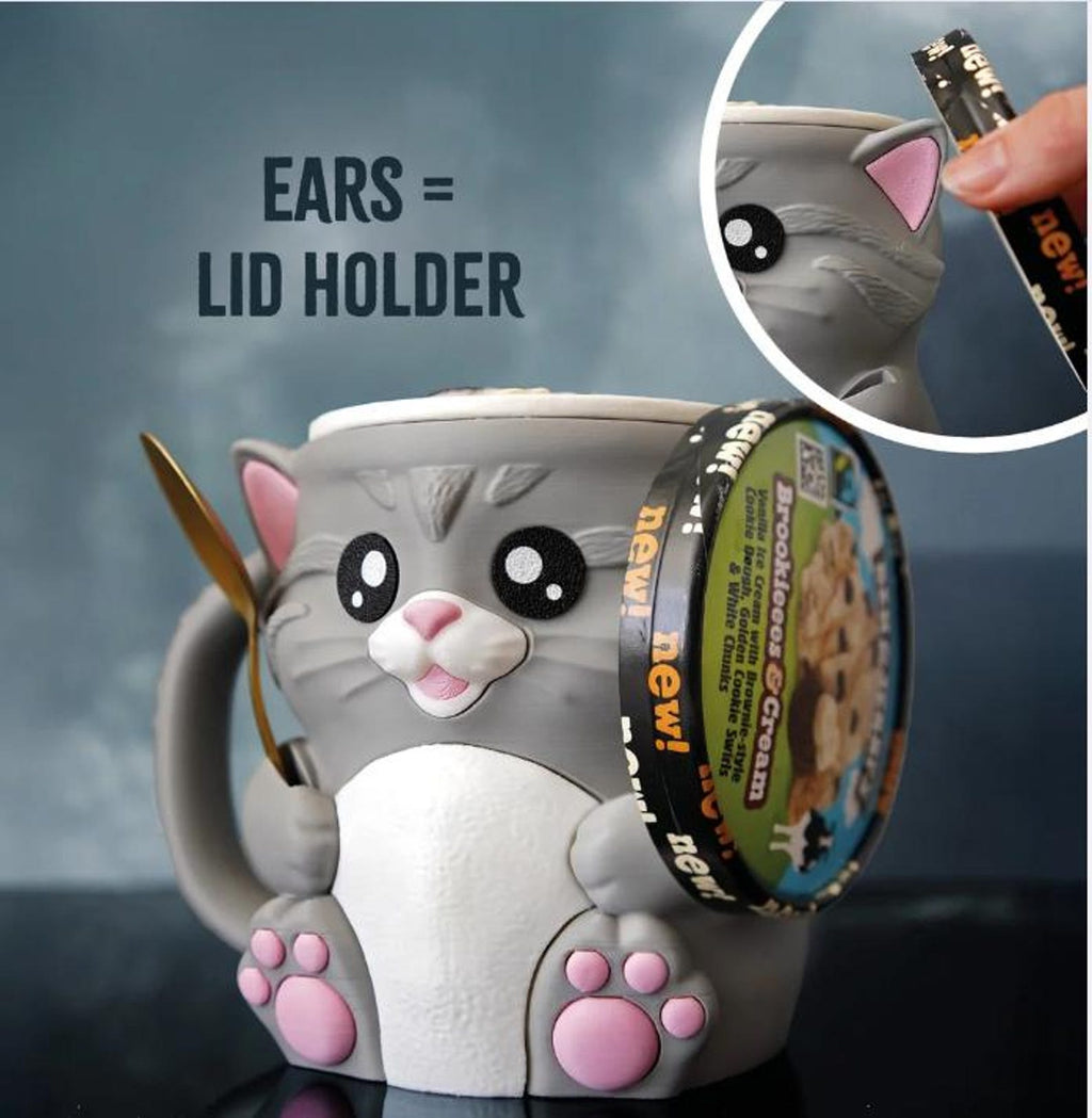 Cuddles the Cat lid-holder ears with a pint lid, second view