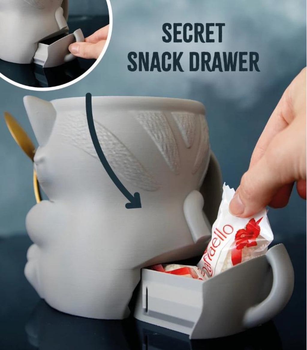 Back of Cuddles the Cat holder with the secret snack drawer open
