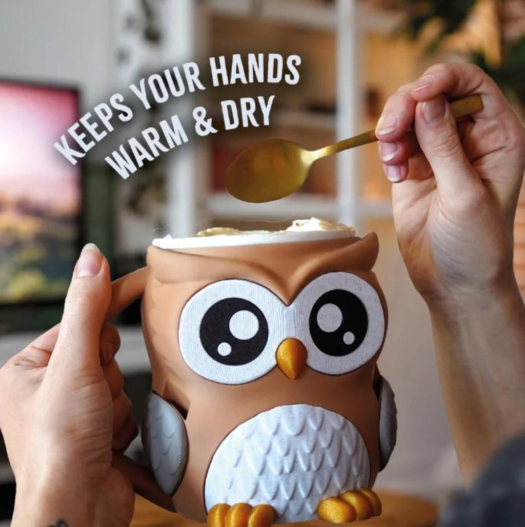 Hands holding the brown owl pint holder with ice cream and a spoon