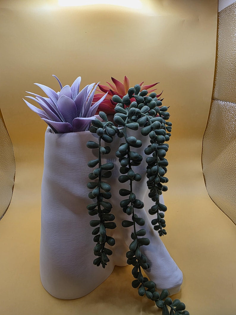 Light gray Uncircumcised Monster Dong planter with succulents, front view