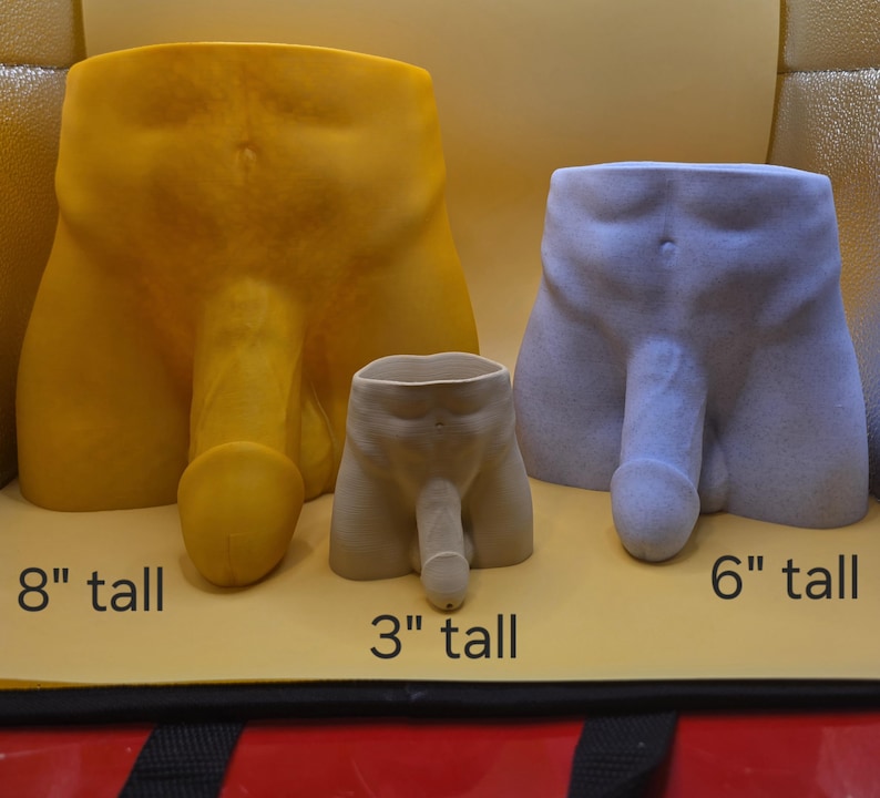 Size comparison of yellow 8 in., tan 3 in. and lavender 6 in. tall Uncircumcised Monster Dong planters